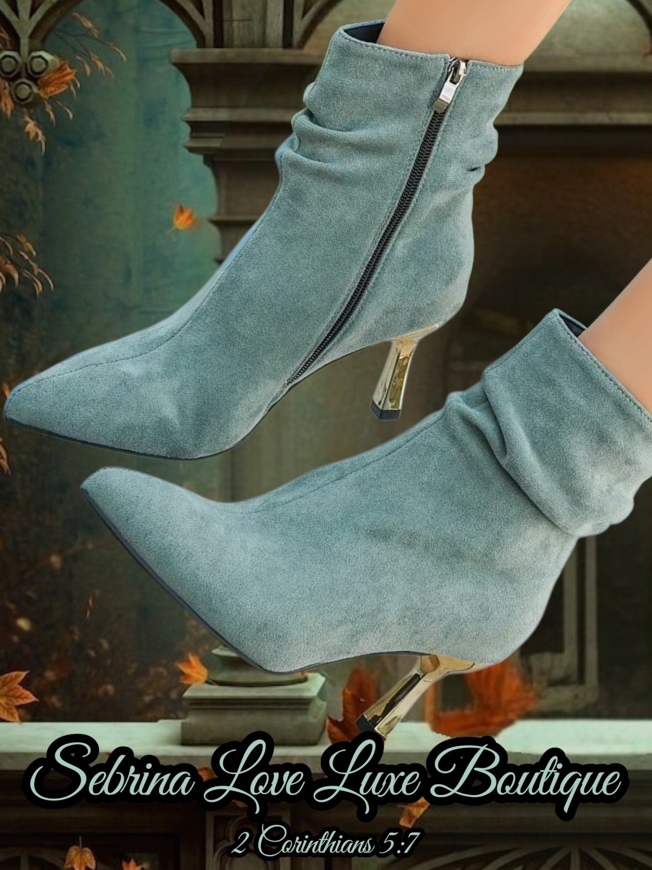 Luxe Mint Sage Green & Gold Kitten Heel Ankle Boots