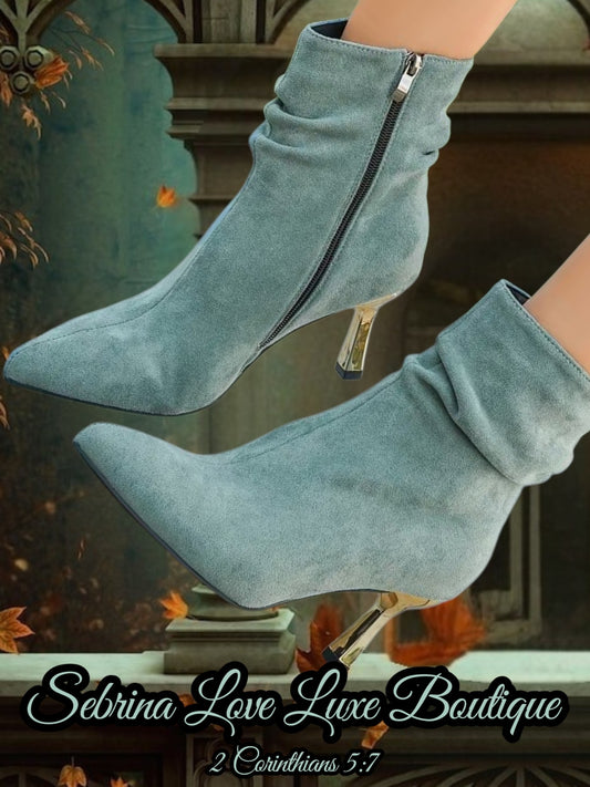 Luxe Mint Sage Green & Gold Kitten Heel Ankle Boots