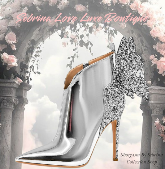 Silver Butterfly Sparkly Stiletto Ankle Boots