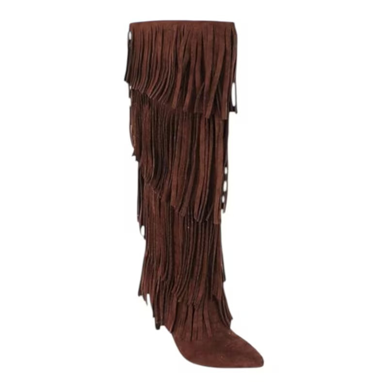 Boho Festival Chocolate Brown Fringe Heeled Boots