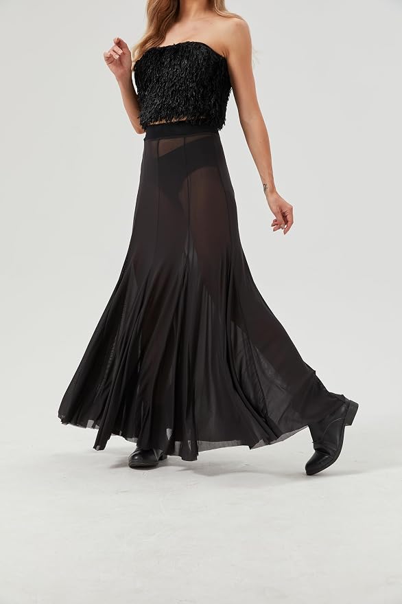 Chic Black Sheer Powermesh Maxi Skirt