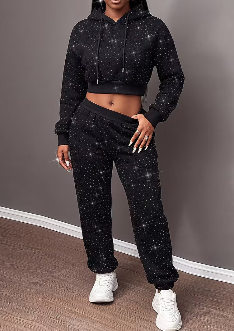 Cozy Black Rhinestone Cropped Sweatshirt & Jogger Pant Set