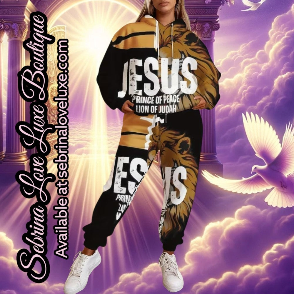 "JESUS " 2pc Black White & Gold Graphic Scripture Hoodie & Jogger Set