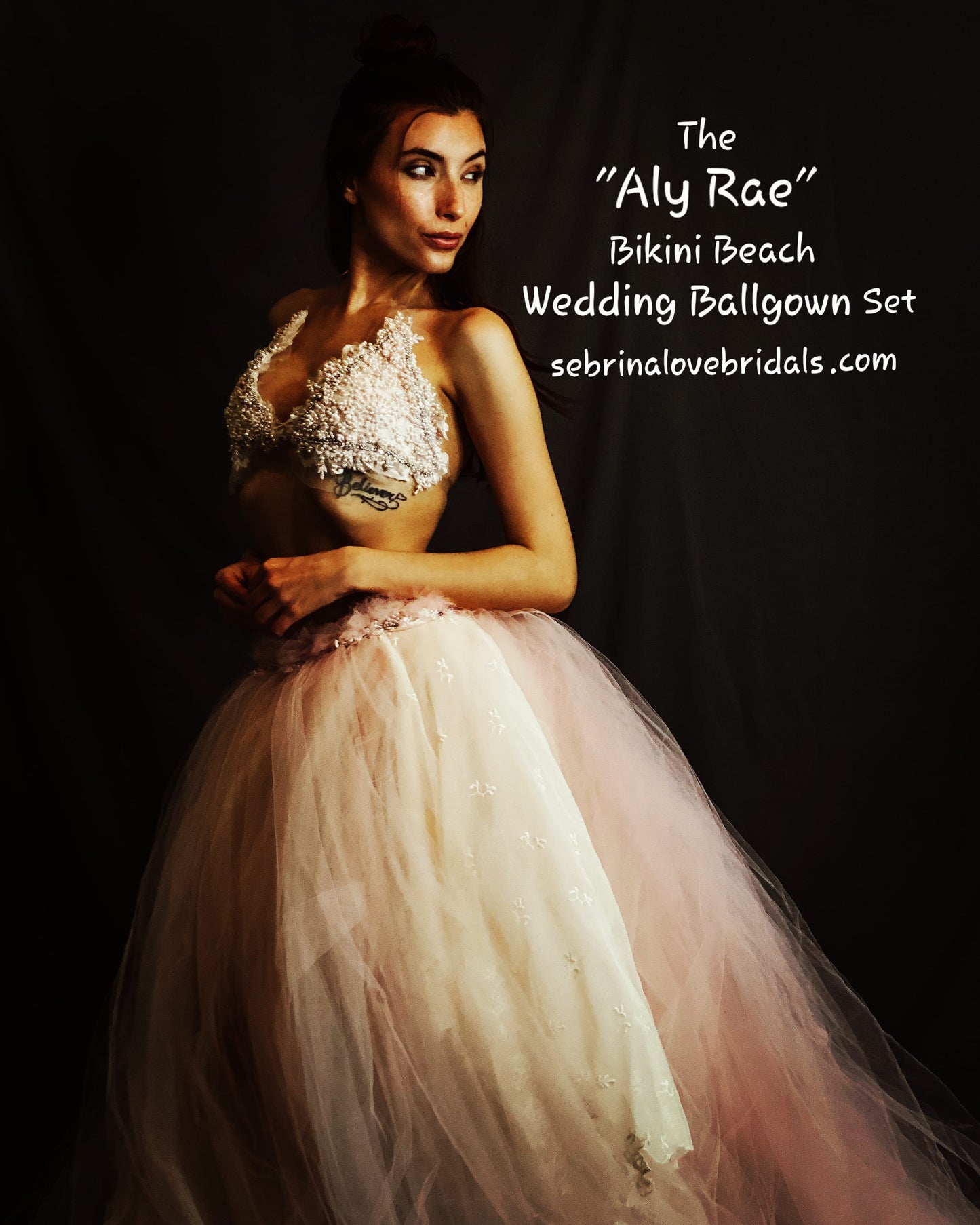 The "ALY RAE" Pink & Ivory Lace Pearl Crystal Beaded Tulle Bikini Beach Wedding Ballgown Set