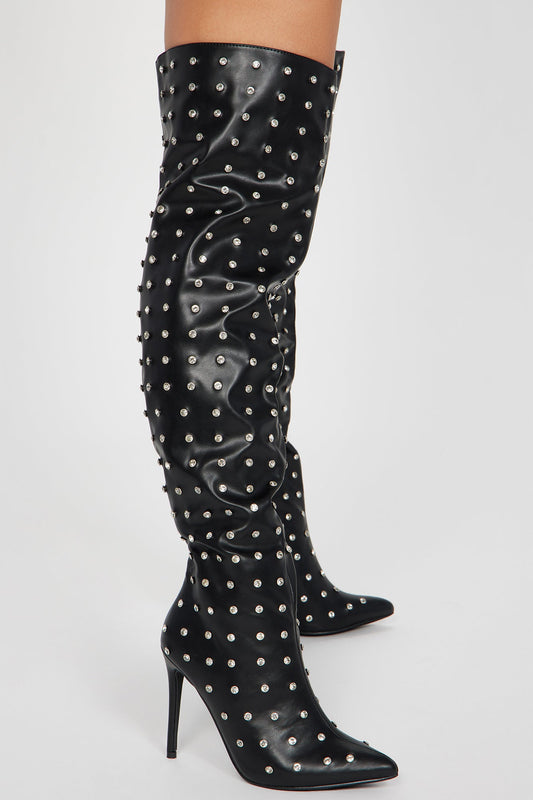 Black Rhinestone Crystal Diamante Over The Knee Thigh Boots