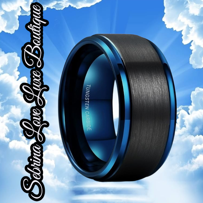 Handsome Gothic Romance Black & Blue Brushed Tungsten Ring Wedding Band
