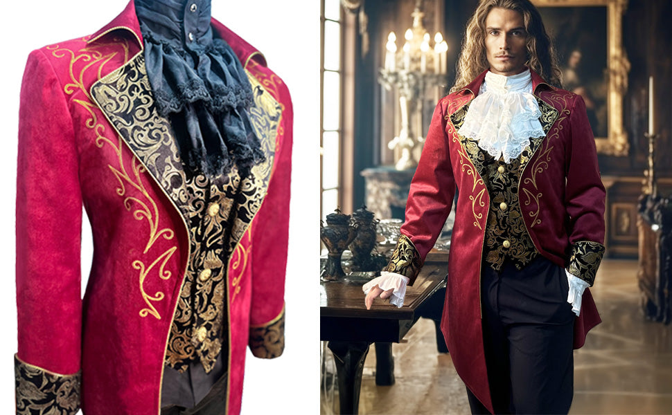 Men's Red & Gold Medieval Gothic Renaissance Victorian Inspired Steampunk Formal Tails Coat Costume