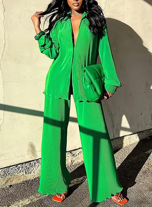 Chic Kelly Green Pleated Tunic Button Closure & Pants Set
