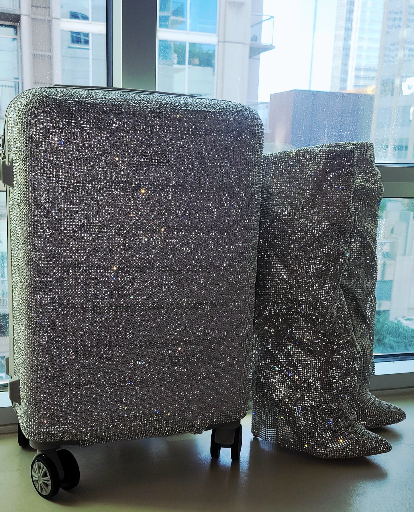 "NEW YORK HEIRESS" Custom Order Silver Rhinestone Crystal Diamante TSA size Approved Carry-on Luggage Case