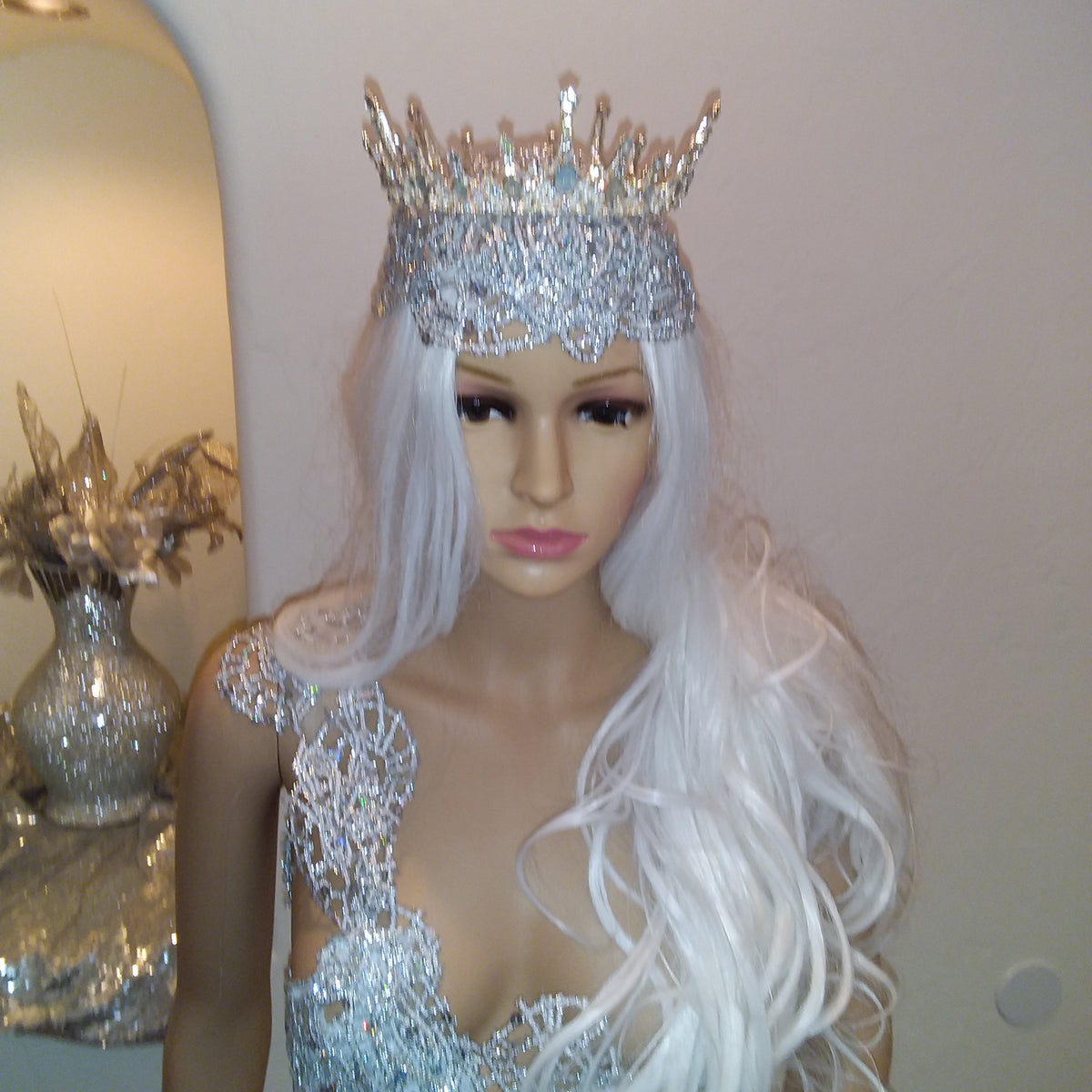 Regal 2pc Medieval Inspired Silver Lace Crystal Rhinestone Bejeweled Bridal Headpiece