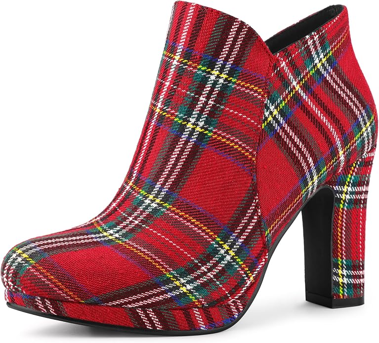 Scottish Inspired Red Stewart Tartan Plaid Round Toe Platform Ankle Boots