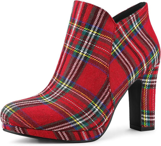 Scottish Inspired Red Stewart Tartan Plaid Round Toe Platform Ankle Boots