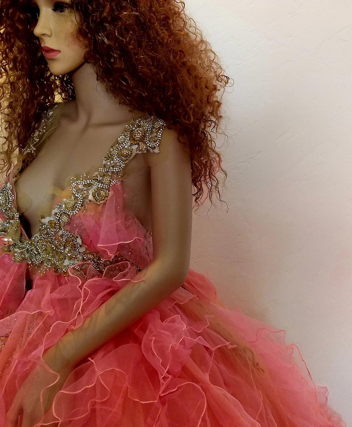 🌺LEXINGTON🌺 Coral & Gold Embroidered Lace Organza Wedding Ballgown Set
