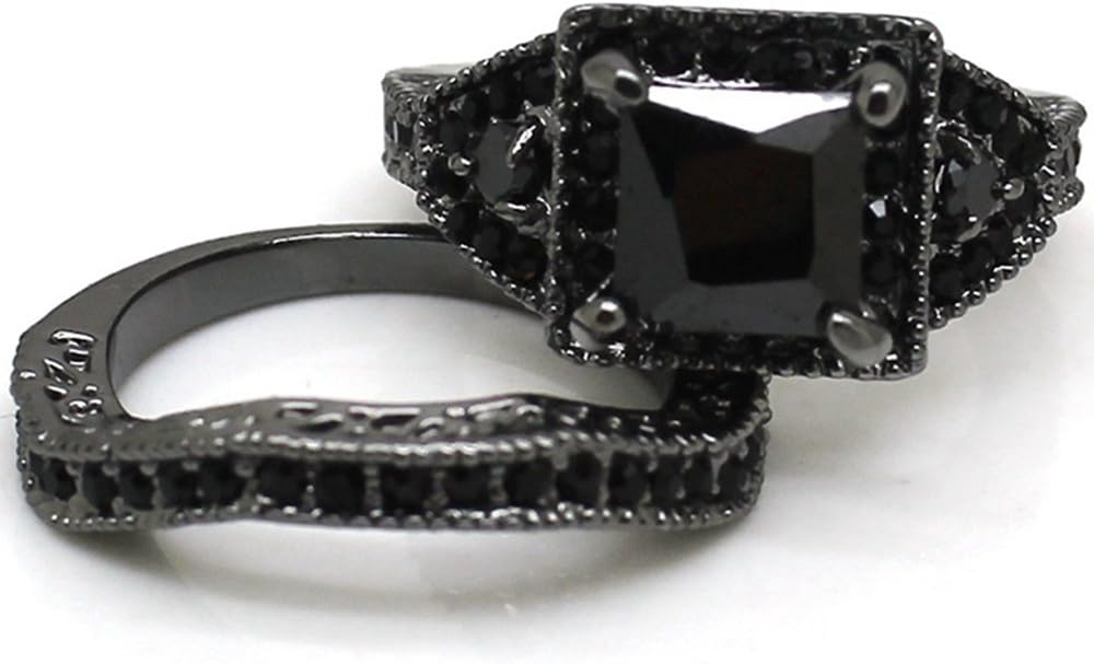 Gorgeous Gothic Romance Black CZ Engagement Ring & Wedding Band Set