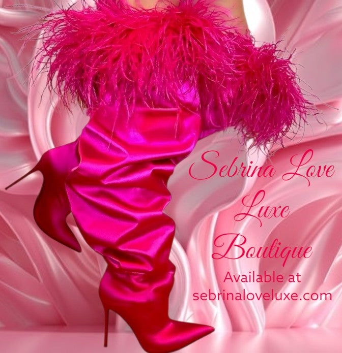 Sexy Hot Pink Satin Feather Trim Slouchy Thigh Boots