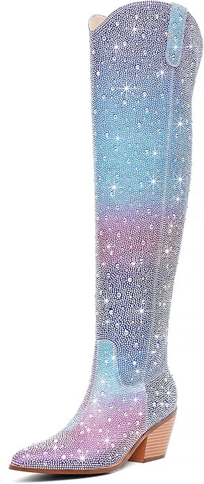 Beautiful Rainbow Unicorn Rhinestone Crystal Diamante Over The Knee Thigh Boots