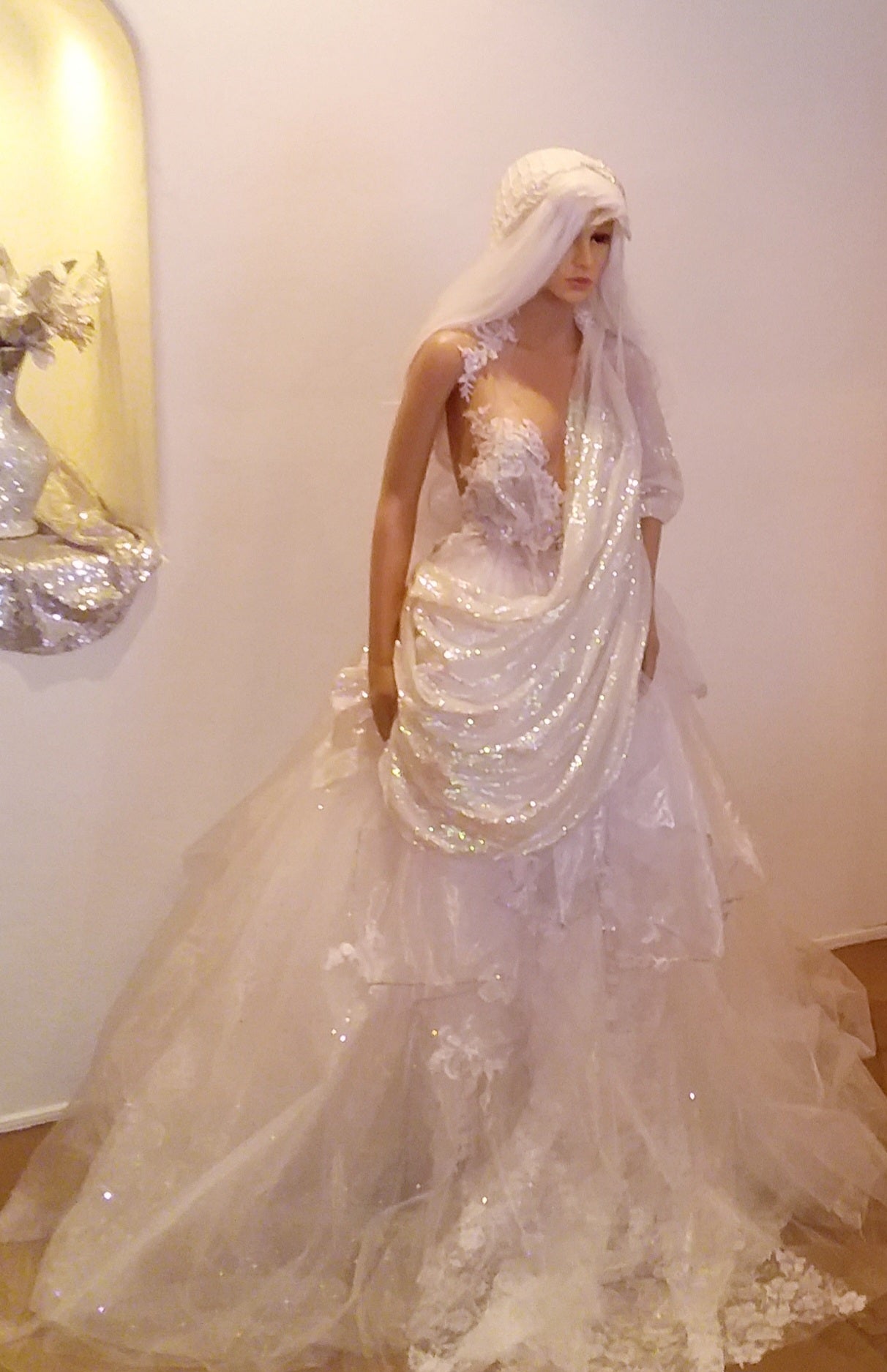 Exotic "ANIKA" White Lace & Tulle Sequin Lehenga Saree Wedding Ballgown Set