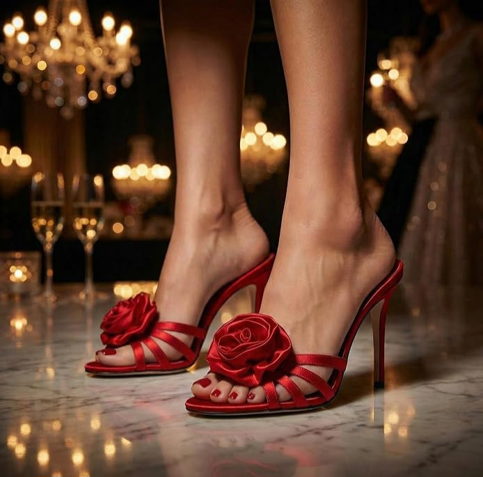 Flirty Romantic Red Satin Rose Embellished Mules