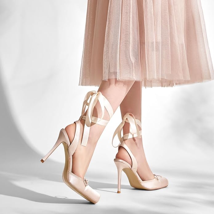 Elegant Romantic Nude Blush Satin Ribbon Ankle Tie Ballerina Heels