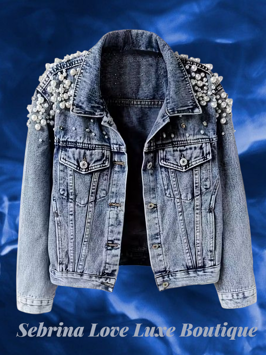 Edgy Blue Denim Studded Faux Leather Rocker Biker Jacket