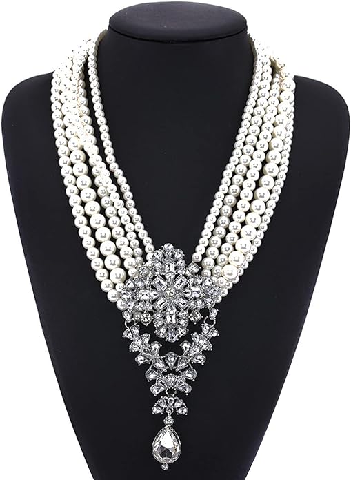 Vintage Inspired Multistrand Faux Pearl Rhinestone Bejeweled Necklace