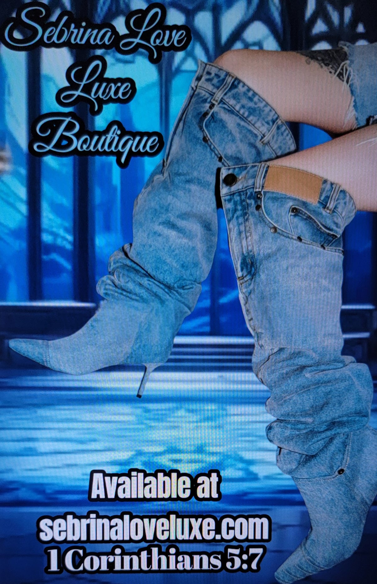 Chic Blue Denim Kitten Heel Over The Knee Thigh Boots
