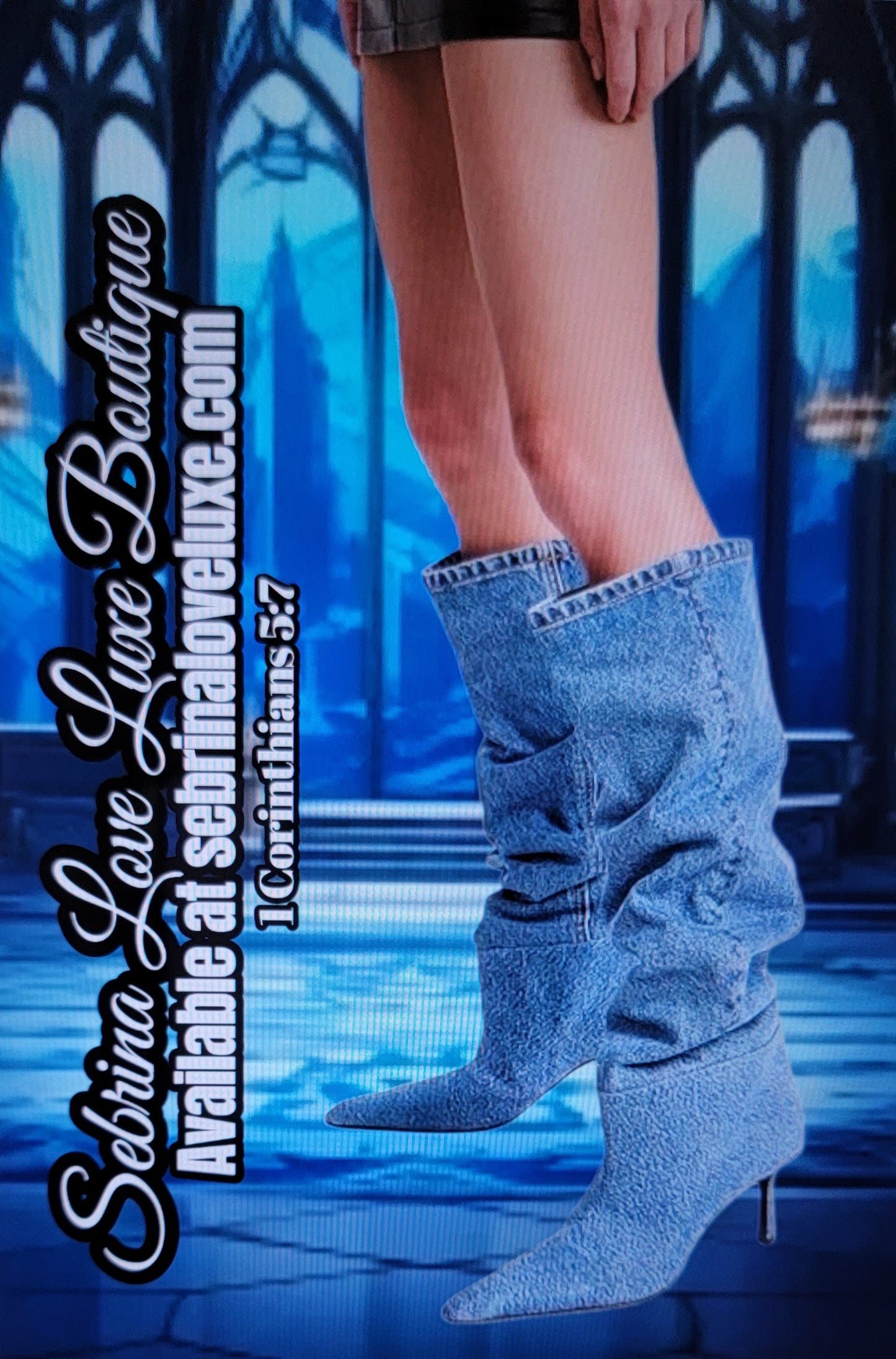 Chic Medium Wash Blue Denim Kitten Heel Knee Boots