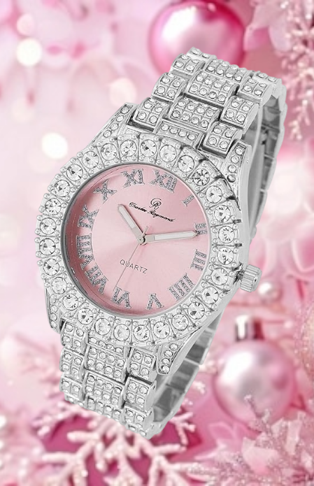 Elegant Silver & Pink Diamante Crystal Bling Watch