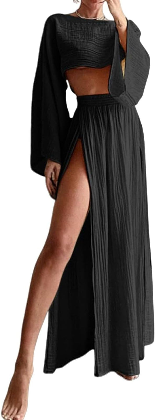 Boho Black 2 Piece Crop Top & Maxi Skirt Set