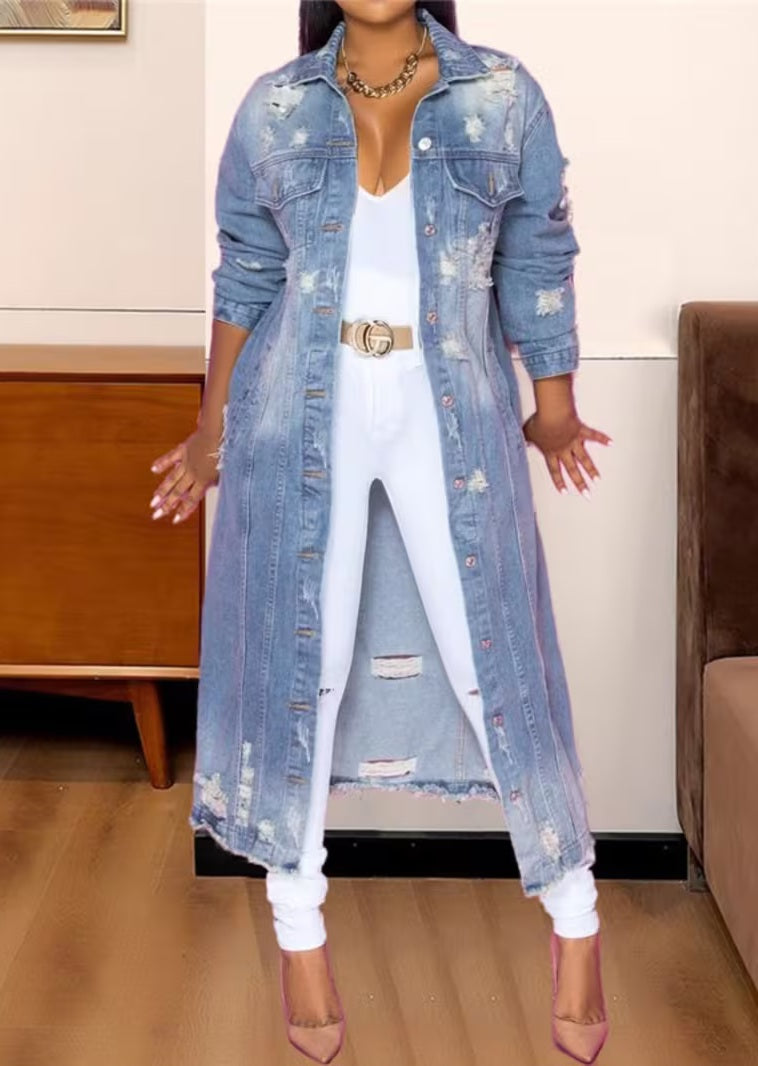 Cool Distressed Blue Denim Maxi Coat Jacket