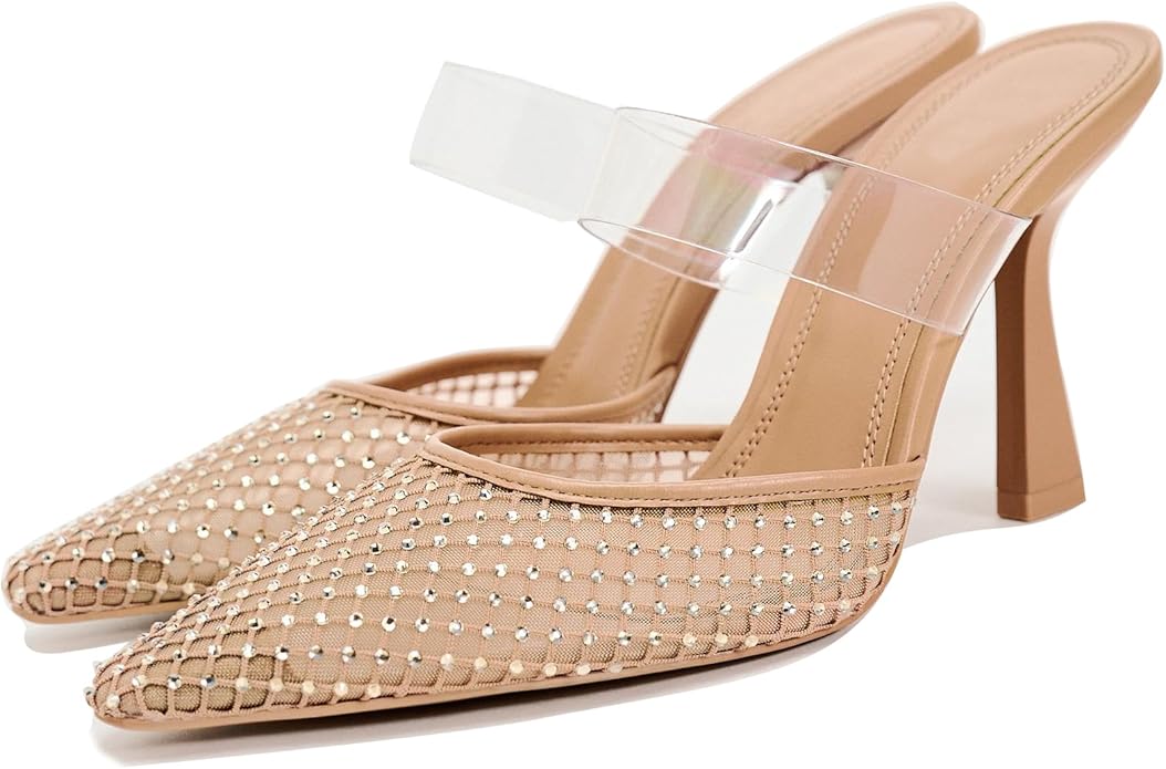 Sexy Nude Rhinestone Crystal Diamante Mesh Mule Heels