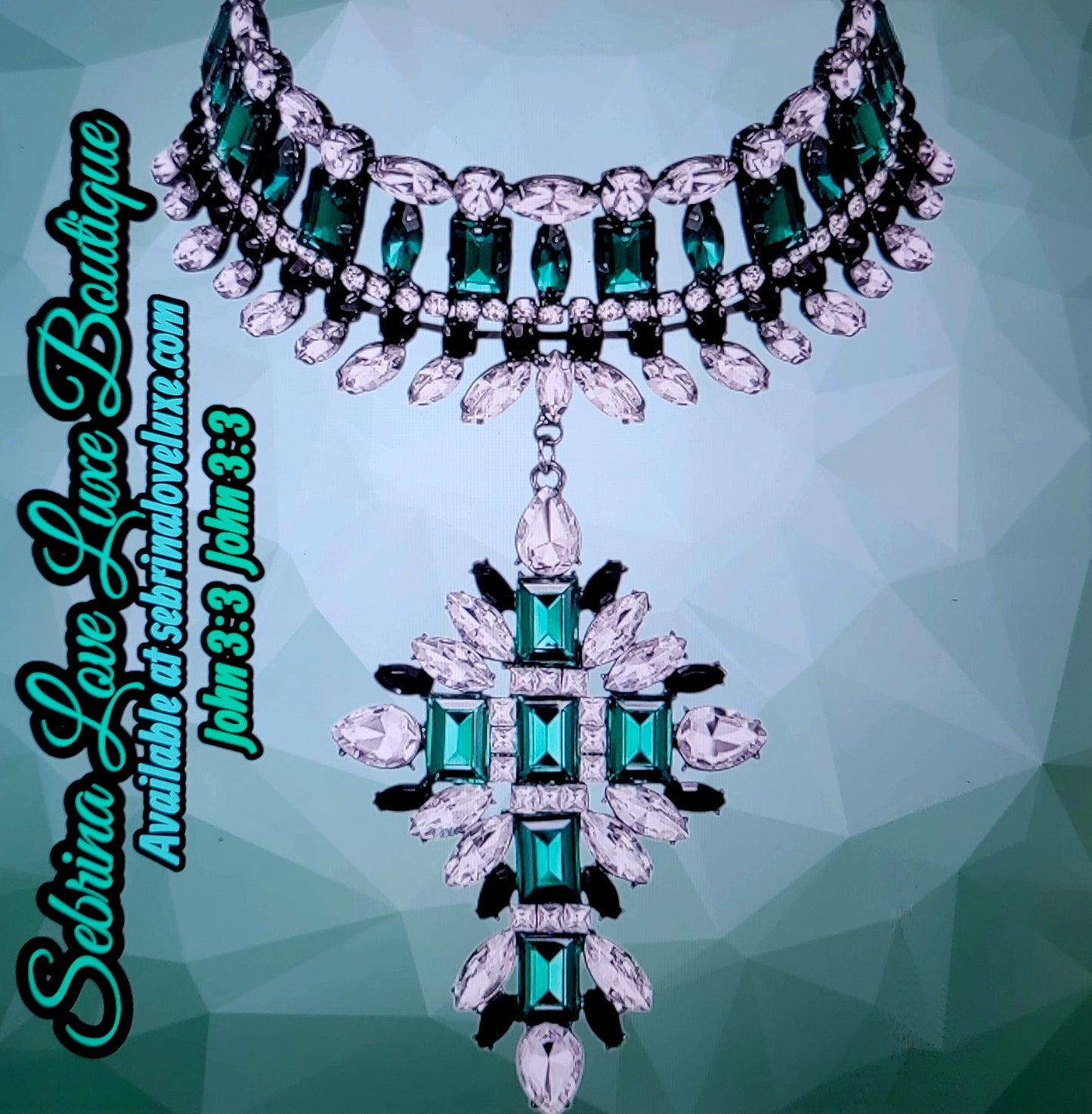 Elegant Green & White Crystal Diamante Rhinestone Bejeweled Cross Collar Necklace