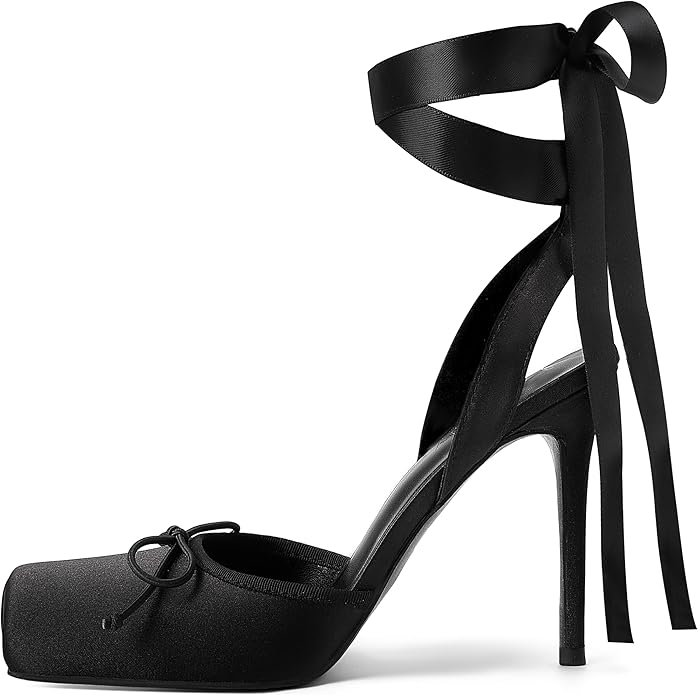 Elegant Romantic Black Satin Ribbon Ankle Tie Ballerina Heels