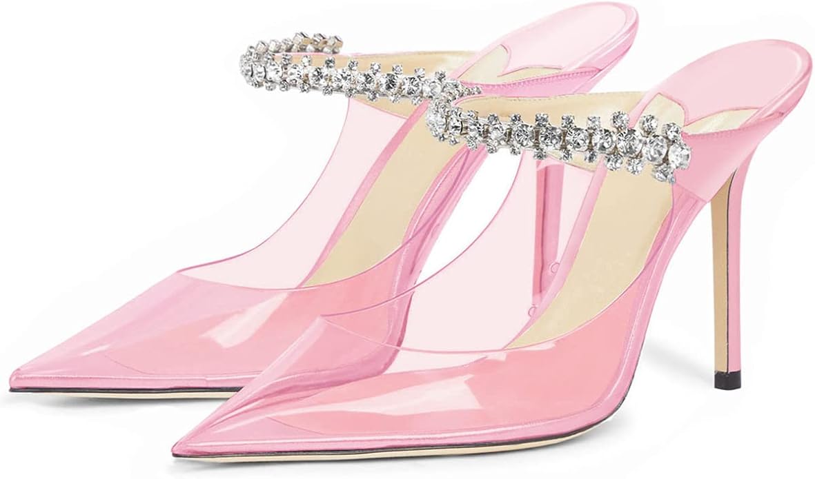 Sexy Baby Pink Clear Transparent Jewel Embellished Mule Heels