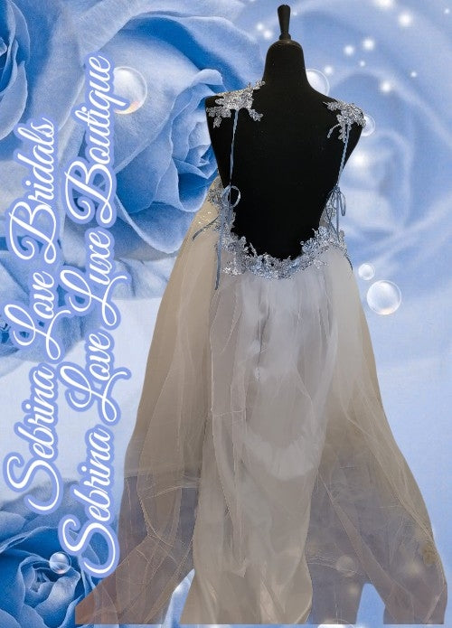 "HEAVENLY" White & Ice Blue Lace & Sequin & Tulle Wedding Ballgown & Headpiece Set