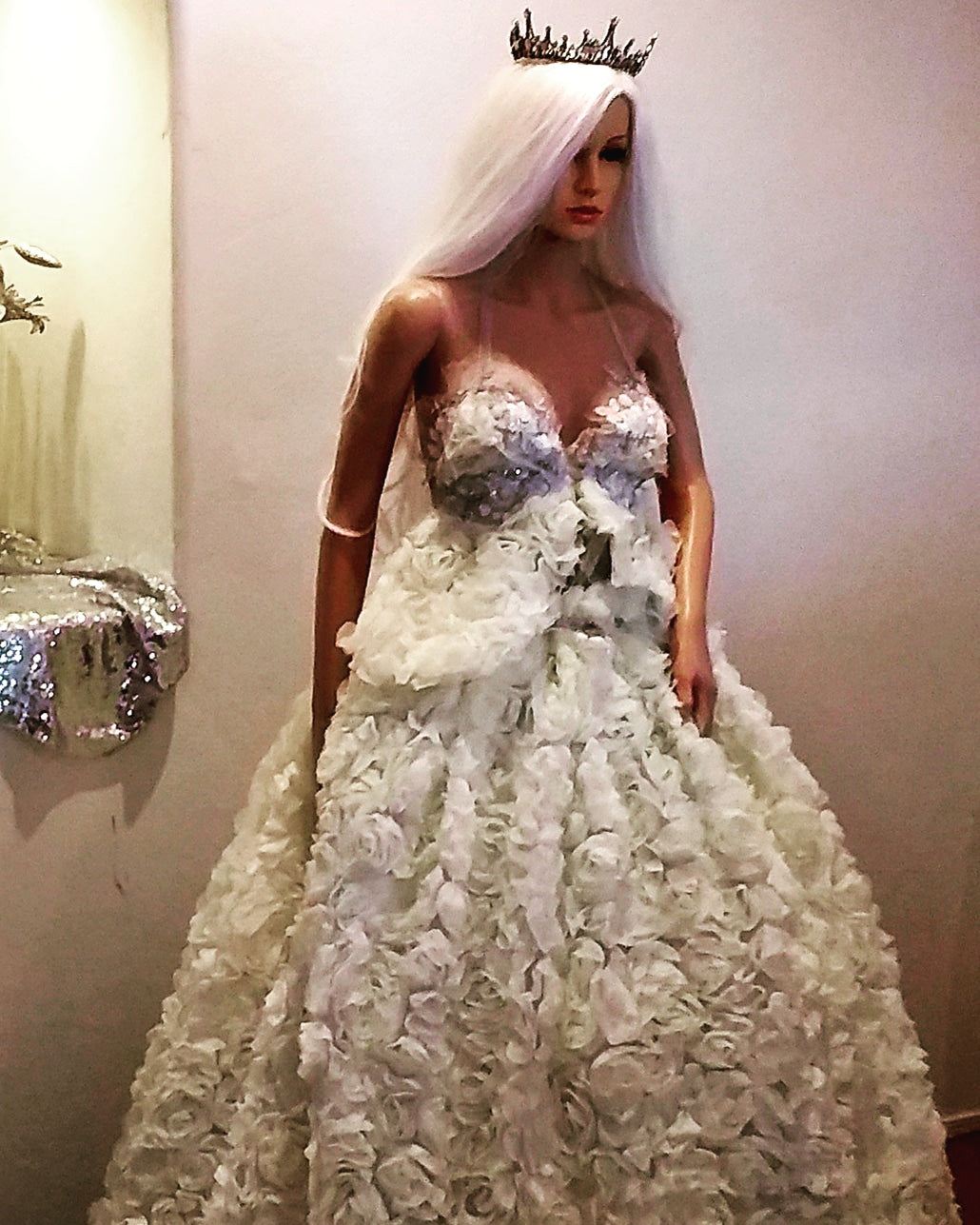 "CELINE" Ivory 3D Chiffon Rosette Lace Crystal Wedding Ballgown Set