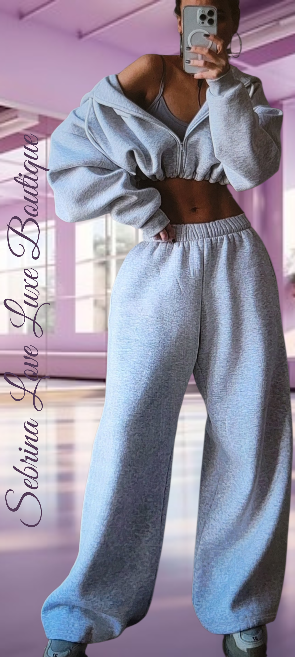 Cozy Gray Cropped Hoodie & Wide Leg Jogger Set
