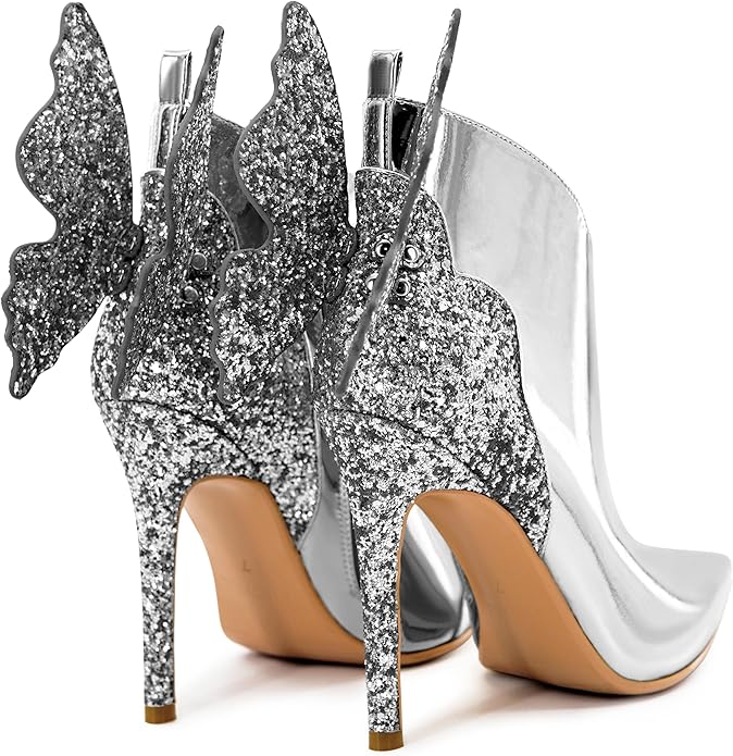 Silver Butterfly Sparkly Stiletto Ankle Boots