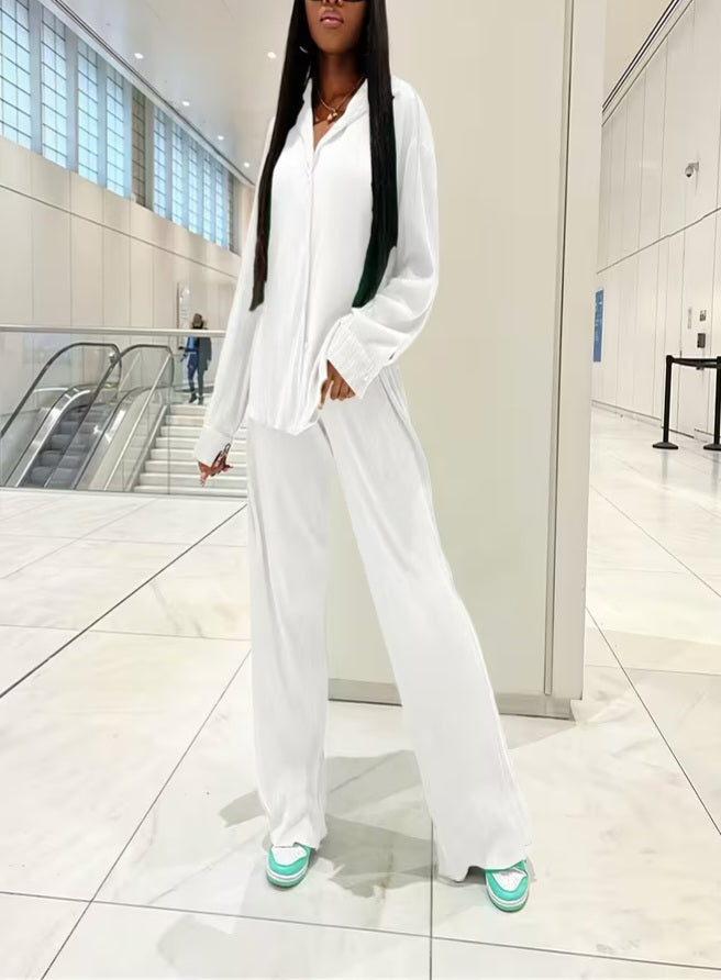 Chic White Pleated Tunic Button Closure & Pants Set