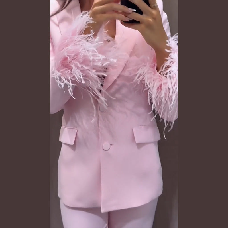 Beautiful Baby Pink Feather Cuff Blazer Jacket & Pants Suit Set