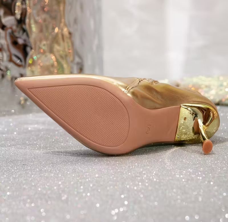 Sexy Metallic Gold Victorian Inspired Lace-up Stiletto Ankle Boots
