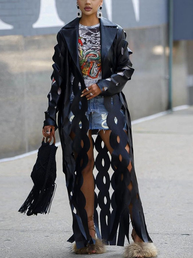 Faux Leather Laser Cut Maxi Coat