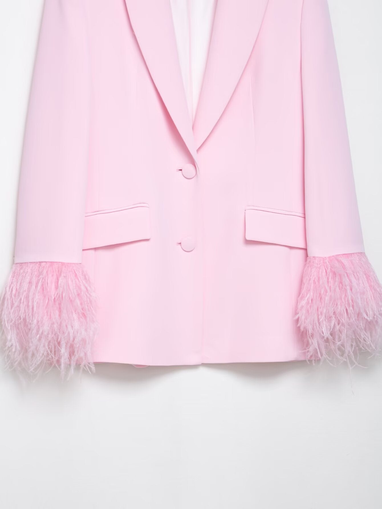 Beautiful Baby Pink Feather Cuff Blazer Jacket & Pants Suit Set