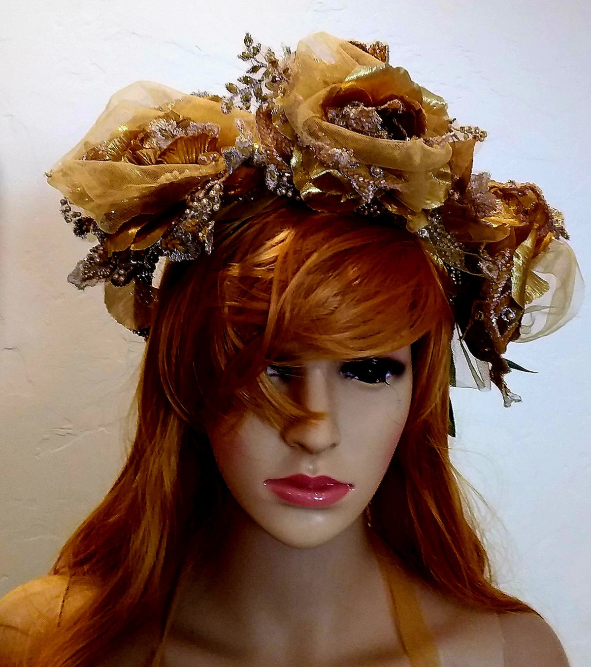 Ethereal Boho Metallic Gold Rose Floral Embroidered Beaded Lace Crystal Bejeweled Bridal Headpiece