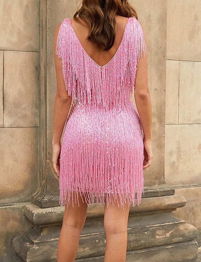 Sexy Light Pink Fringe Party Dress