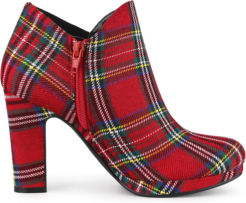 Scottish Inspired Red Stewart Tartan Plaid Round Toe Platform Ankle Boots