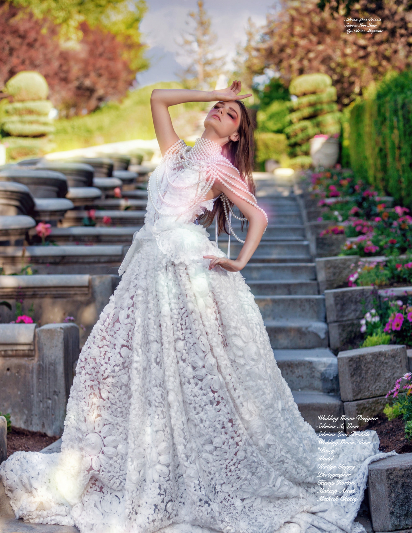 SAMPLE GOWN  "POSEY" White 3D Chiffon Rosette Gold Crystal Embellished Wedding Ballgown Set