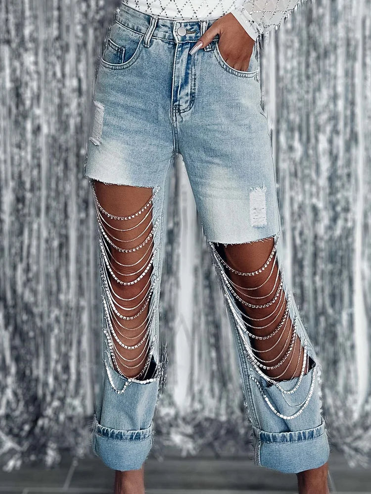 Destroyed Distressed Rhinestone Chain Detail Jeans