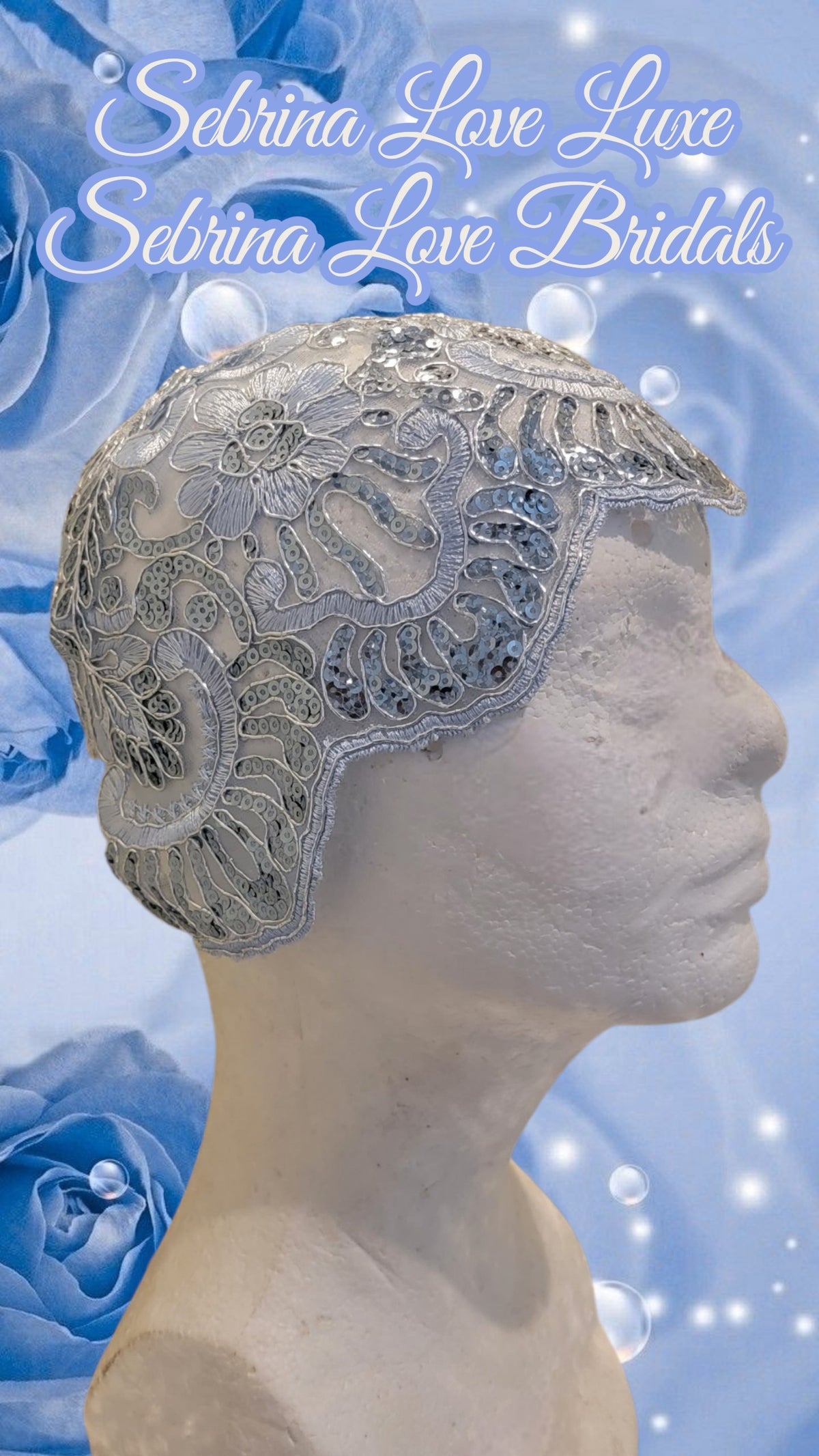 "HEAVENLY" White & Ice Blue Lace & Sequin & Tulle Wedding Ballgown & Headpiece Set