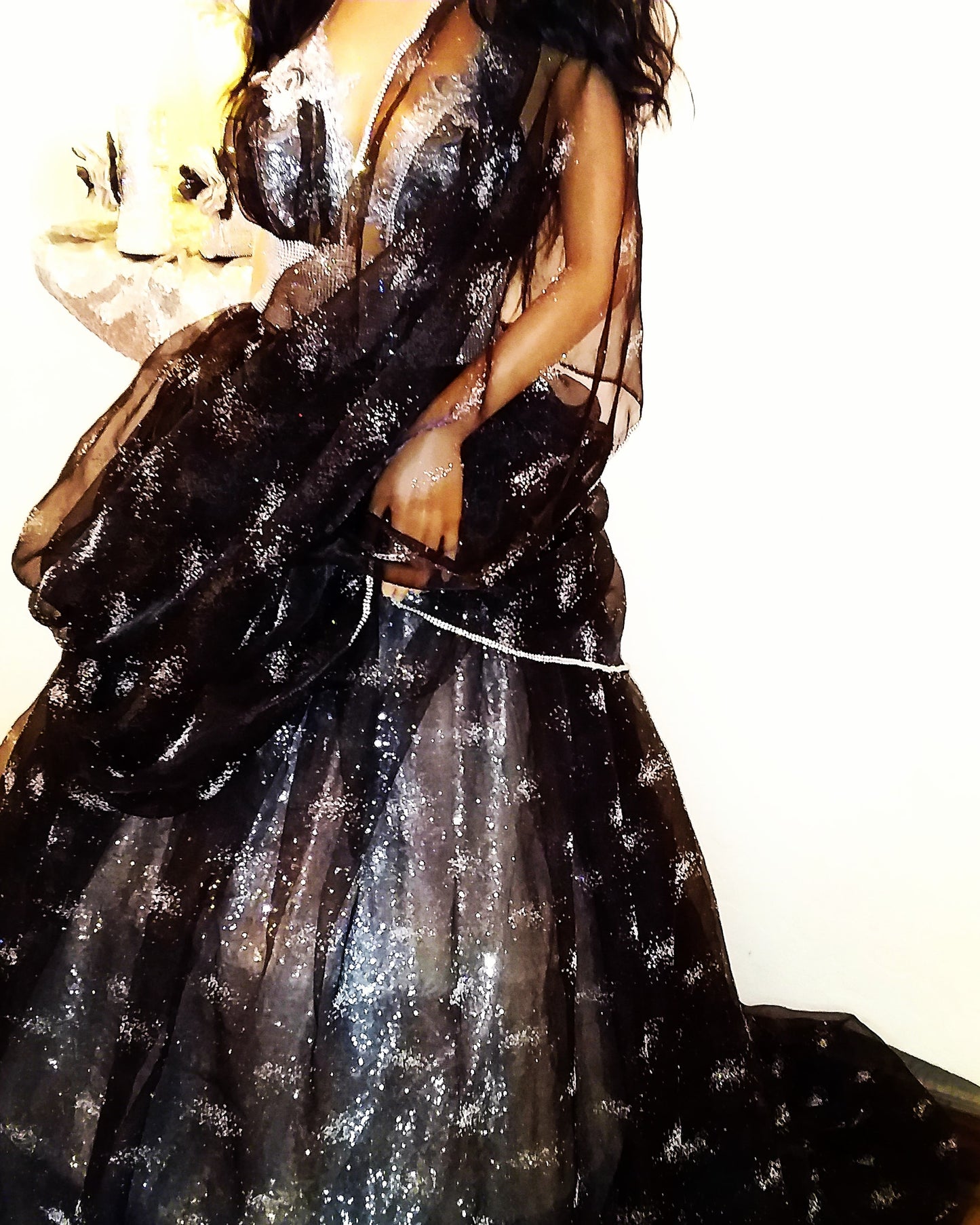"TWILA" Custom Order Gothic Romance Black & Silver Crystal Stardust Organza Tulle Wedding Ballgown Set